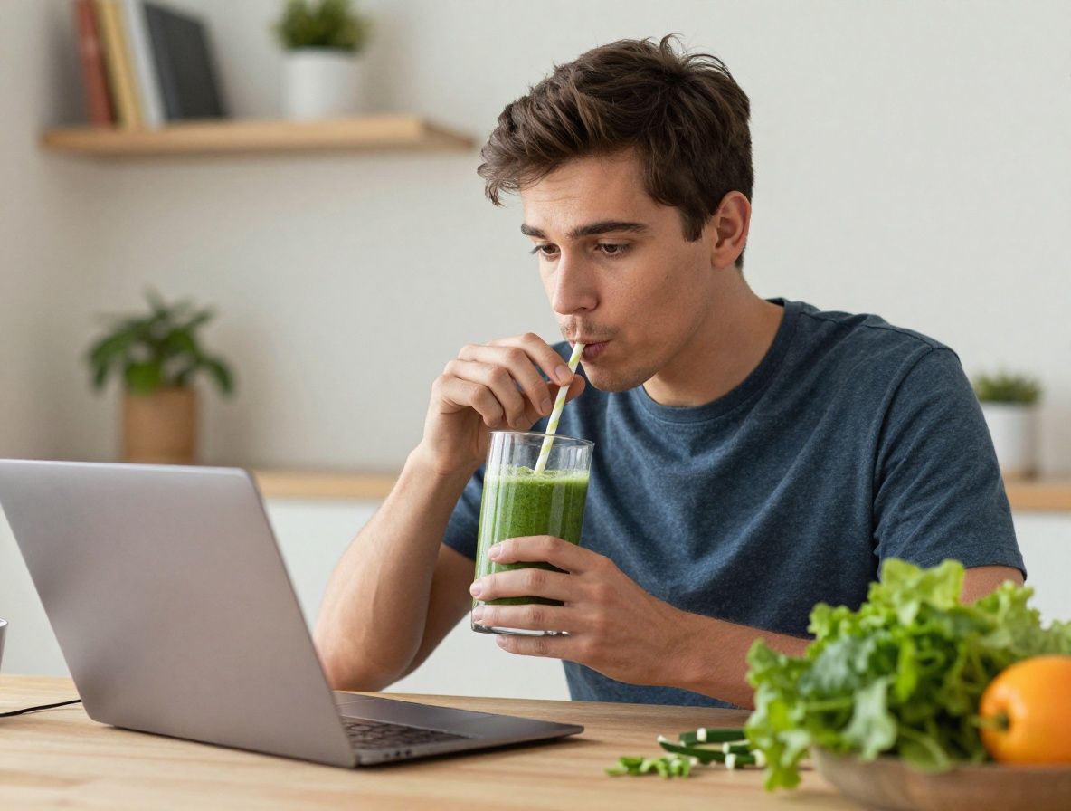 Hombre joven bebiendo un batido verde de vegetales y frutas mientras trabaja en casa, en un ambiente de trabajo saludable
