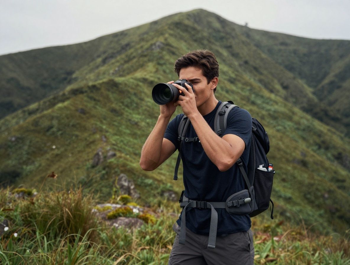 Persona joven y activa haciendo senderismo al amanecer en un paisaje verde y montañoso, transmitiendo vitalidad y energía natural