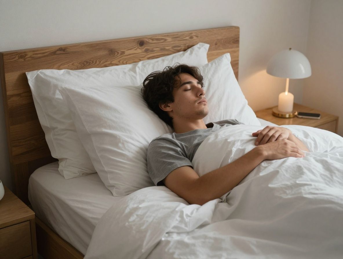 Dormitorio tranquilo y ordenado con ropa de cama blanca y luz cálida suave, evocando la calidad del sueño reparador y el descanso profundo